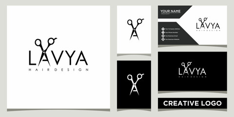 haircut salon and fashion logo design template with business card design - obrazy, fototapety, plakaty