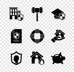 Set House with shield, Judge gavel, Graduation cap, Life insurance, Fire burning house, Piggy bank, Contract and Lifebuoy icon. Vector