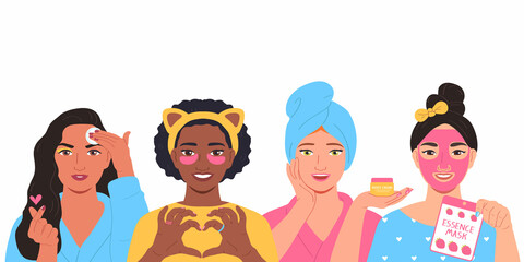 Young women take care of their skin.Multi-ethnic women. Women different cultures. Cartoon vector illustration.