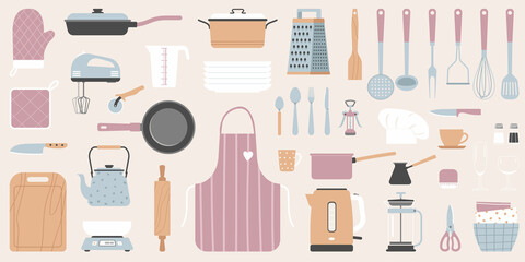Set of kitchen tools isolated on white background. Kitchenware collection.Cartoon Vector Illustration.