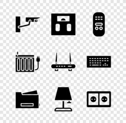 Set Security camera, Bathroom scales, Remote control, Printer, Table lamp, Electrical outlet, Heating radiator and Router and wi-fi signal icon. Vector