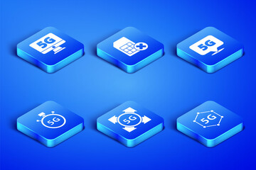 Set 5G network, Monitor with, Digital speed meter, Sim card rejected and Location icon. Vector
