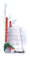 Industrial eco-friendly factory cooling tower chimneys. Сlean steam Small house red roof. Tree. Hand painted watercolor illustration. Colorful light sketchy drawing on white background