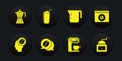 Set Barista, Bag of coffee beans, Coffee and conversation, machine, pot, Milkshake, Manual grinder and moca icon. Vector