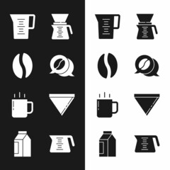 Set Coffee and conversation, beans, Jug glass with water, Pour over coffee maker, cup, paper filter, pot and Bag icon. Vector