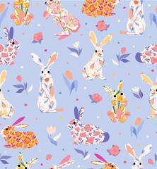 Cute colorful rabbits with flower seamless vector pattern with on blue background. Perfect for branding, package, fabric and textile, wrapping paper