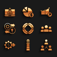 Set Business lifebuoy, Lighthouse, Project team base, Users group, Gear with dollar, Human resources, Financial growth and Startup project concept icon. Vector
