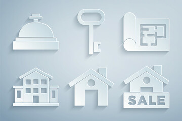 Set House, plan, Hanging sign with Sale, key and Hotel service bell icon. Vector