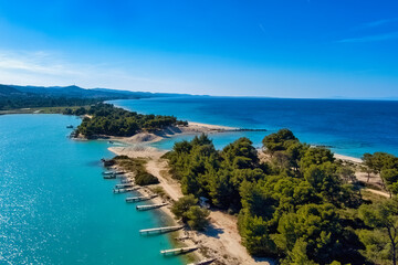 Obraz premium Aerial view of Glarokavos beach in Kassandra peninsula. Chalkidiki, Greece
