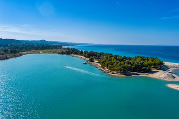 Aerial view of Glarokavos beach in Kassandra peninsula. Chalkidiki, Greece