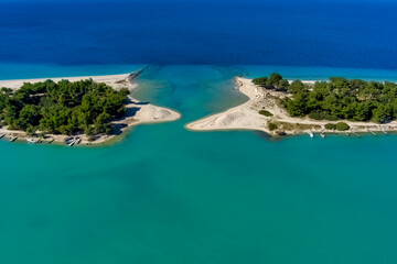 Aerial view of Glarokavos beach in Kassandra peninsula. Chalkidiki, Greece