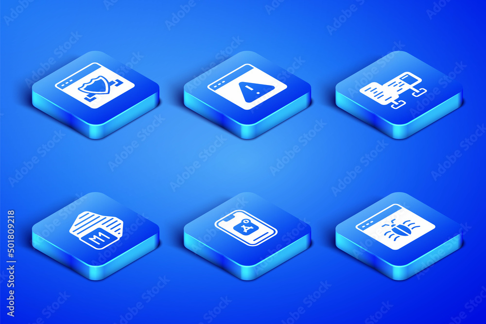 Poster set system bug, browser with shield, mobile apps, processor, exclamation mark and computer monitor s