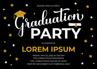 Graduation party invitation card. Grad party invite. Graduation celebration announcement. Vector template