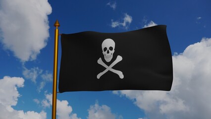Jolly Roger or pirate ship flag waving 3D Render with flagpole and blue sky, pirate ship flag in Golden Age of Piracy, skull and crossbones, Pirates of the Caribbean sea and Black Pearl