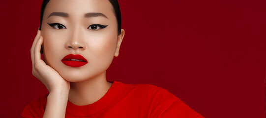 Fashion portrait of young asian model with red lips make up posing against red background. - obrazy, fototapety, plakaty