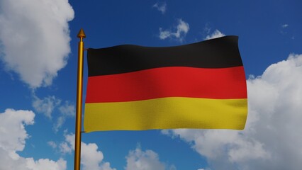 National flag of Germany waving 3D Render with flagpole and blue sky, Flagge Deutschlands with national colours of Germany, German Confederation, Federal Republic of Germany flag