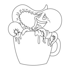 Coloring illustration of cartoon octopus soaked in coffee mug