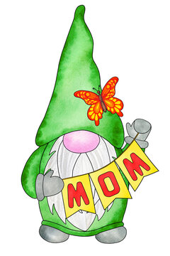 Colorful watercolor gnome with garland where it says Mom