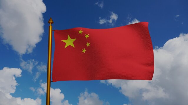 Flag Of China Waving 3D Render With Flagpole And Blue Sky, National Flag Of The Peoples Republic Of China, Five-starred Red Flag, Chinese Communist Revolution