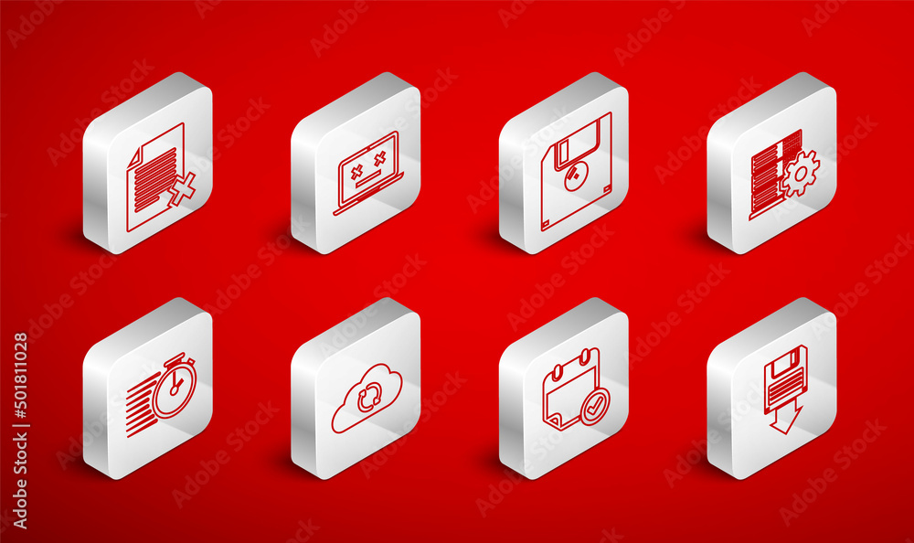 Poster set line floppy disk backup, dead laptop, server setting, calendar with check mark, delete file docu