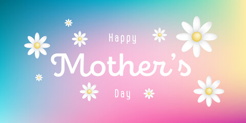 Text : Happy mother’s day, with white blossoms on colorful background
