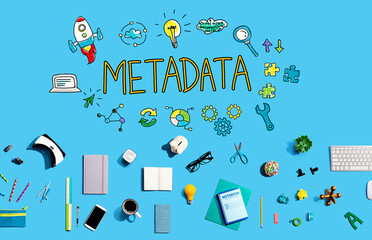 Metadata with collection of electronic gadgets and office supplies