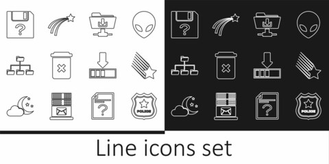 Set line Police badge, Falling star, FTP folder download, Trash can, Folder tree, Unknown document, Loading and icon. Vector