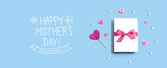Happy Mothers day message with a gift box and paper hearts