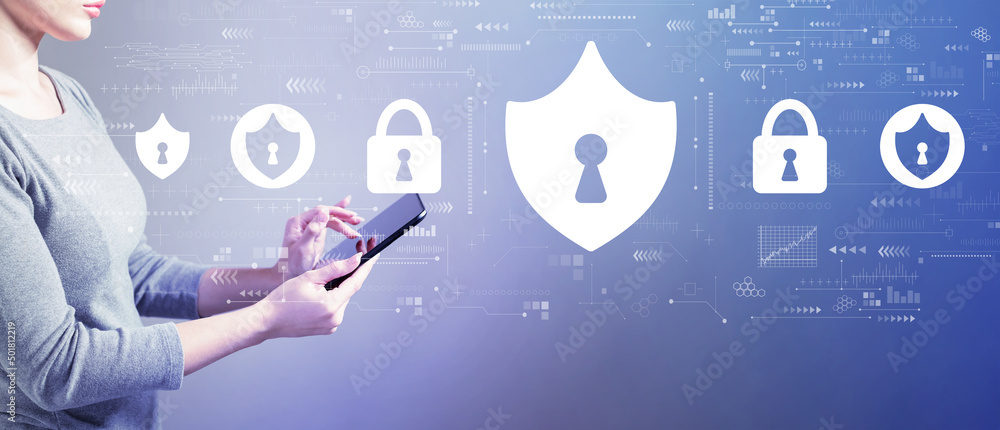 Poster cyber security theme with business woman using a tablet computer