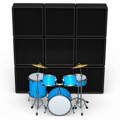 Set of realistic drums with metal cymbals or drumset and amplifier on white