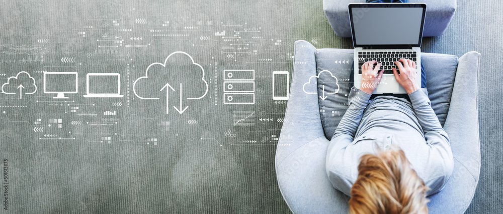 Poster cloud computing with man using a laptop in a modern gray chair