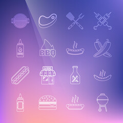 Set line Barbecue grill, Sausage, Crossed hot chili pepper pod, fork and spatula, fire flame, Ketchup bottle, and Hotdog sandwich icon. Vector