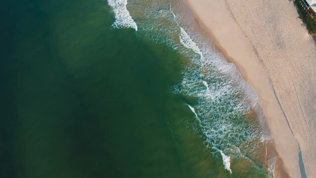 Aerial view of Reserva beach, Marapendi lagoon and car traffic on Lucio Costa avenue. Barra da Tijuca and Recreio, in Rio de Janeiro, Brazil. Sunrise. Sunny day. Drone take. Praia da Reserva.
