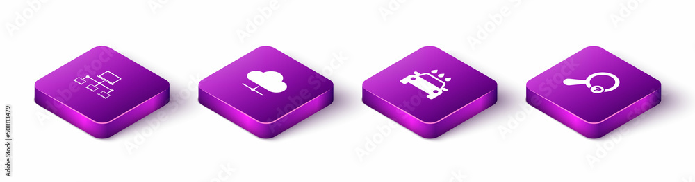 Poster set isometric computer network, network cloud connection, car wash and unknown search icon. vector