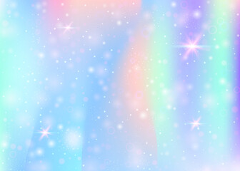 Holographic background with rainbow mesh. Liquid universe banner in princess colors. Fantasy gradient backdrop with hologram. Holographic magic background with fairy sparkles, stars and blurs.