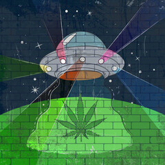 Graffiti on brick wall. UFO visits the earth to abduct a marijuana leaf in the middle of the night