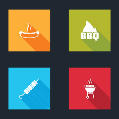 Set Hotdog sandwich, Barbecue fire flame, Grilled shish kebab and grilled icon. Vector