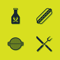 Set Ketchup bottle, Crossed fork and knife, Barbecue grill and Hotdog sandwich icon. Vector