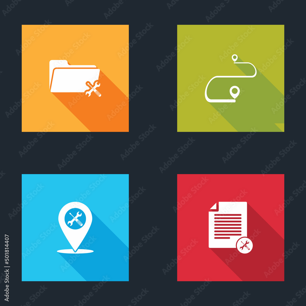 Poster set folder service, route location, location and file document icon. vector