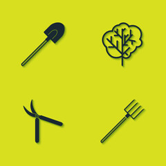 Set Garden shovel, pitchfork, Gardening handmade scissor and Tree icon. Vector