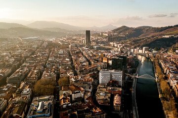 Bilbao skyline, view from above. Beautiful city between mountains on the Spain north.