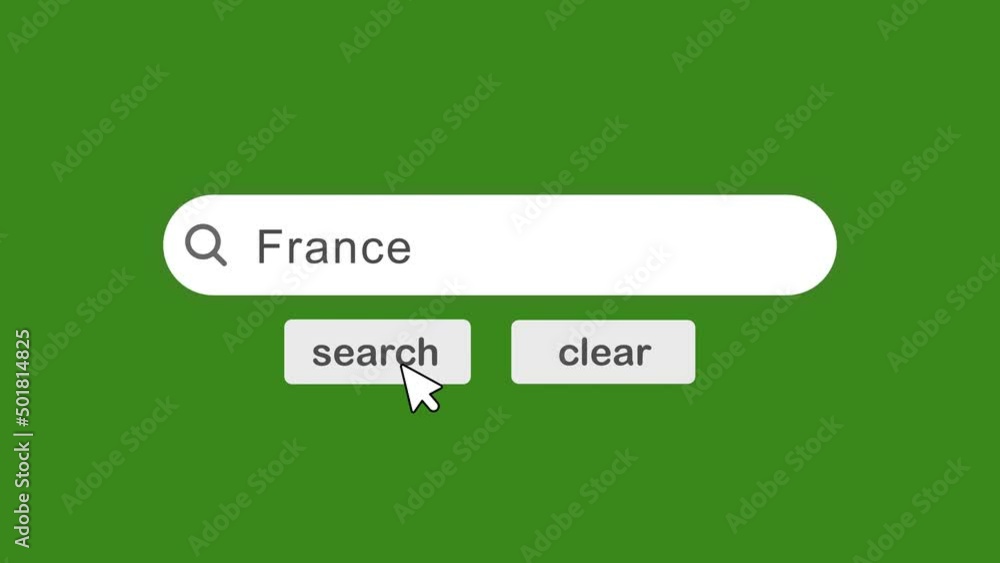Poster france typing on search bar with click animation on green background.searching the word on internet 