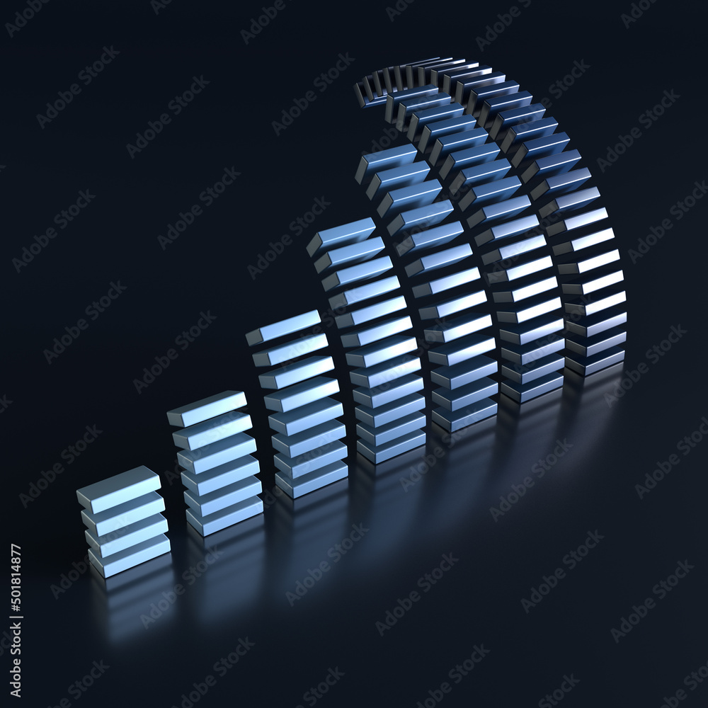 Poster bar chart that rises curling from dominoes. 3d rendering