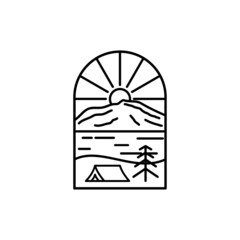 Vintage linear travel patch badge design. Camping line art label concept. Wild camping on mountain, tree, and river expedition logo. Lumberjack logotype. Pin graphic illustration vector art t-shirt.