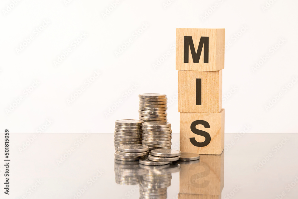 Poster mis - text on wooden cubes on white background with coins