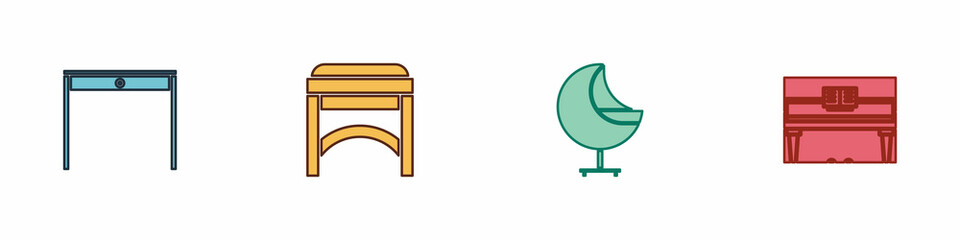Fototapeta premium Set Wooden table, Chair, Armchair and Grand piano icon. Vector