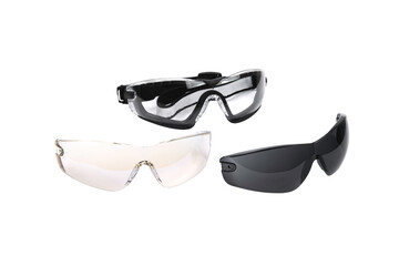 Modern safety goggles for athletes, shooters and workers. Eye protection goggles isolated on white...