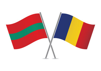 Transnistria and Romania crossed flags. The Pridnestrovian Moldavian Republic and Romanian flags on white background. Vector icon set. Vector illustration.