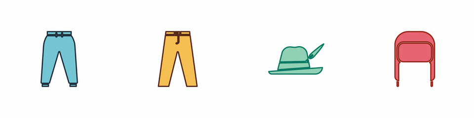 Set Sport pants, Pants, Oktoberfest hat and Winter with ear flaps icon. Vector