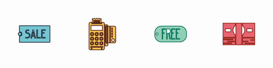 Set Price tag with text Sale, POS terminal credit card, Free and Stacks paper money cash icon. Vector
